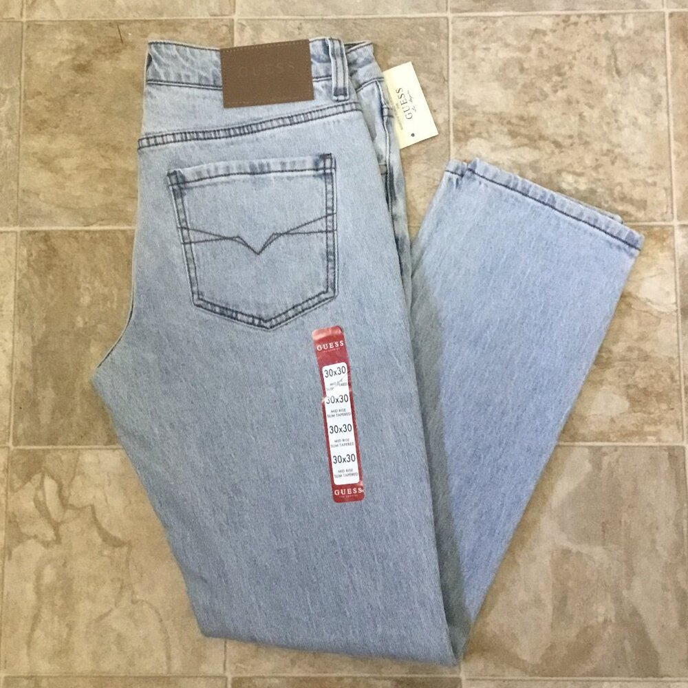 GUESS Men's Slim Tapered Jeans Denim Low Rise Logo Pre Washed Light Blue 30X30